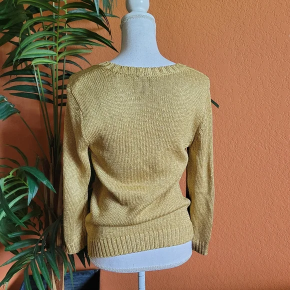 LAUREN Ralph Lauren Gold Metallic V Neck Nautical Sweater 3/4 Sleeve M - Picture 3 of 10